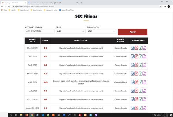 The B & G Foods investor relations SEC filings page